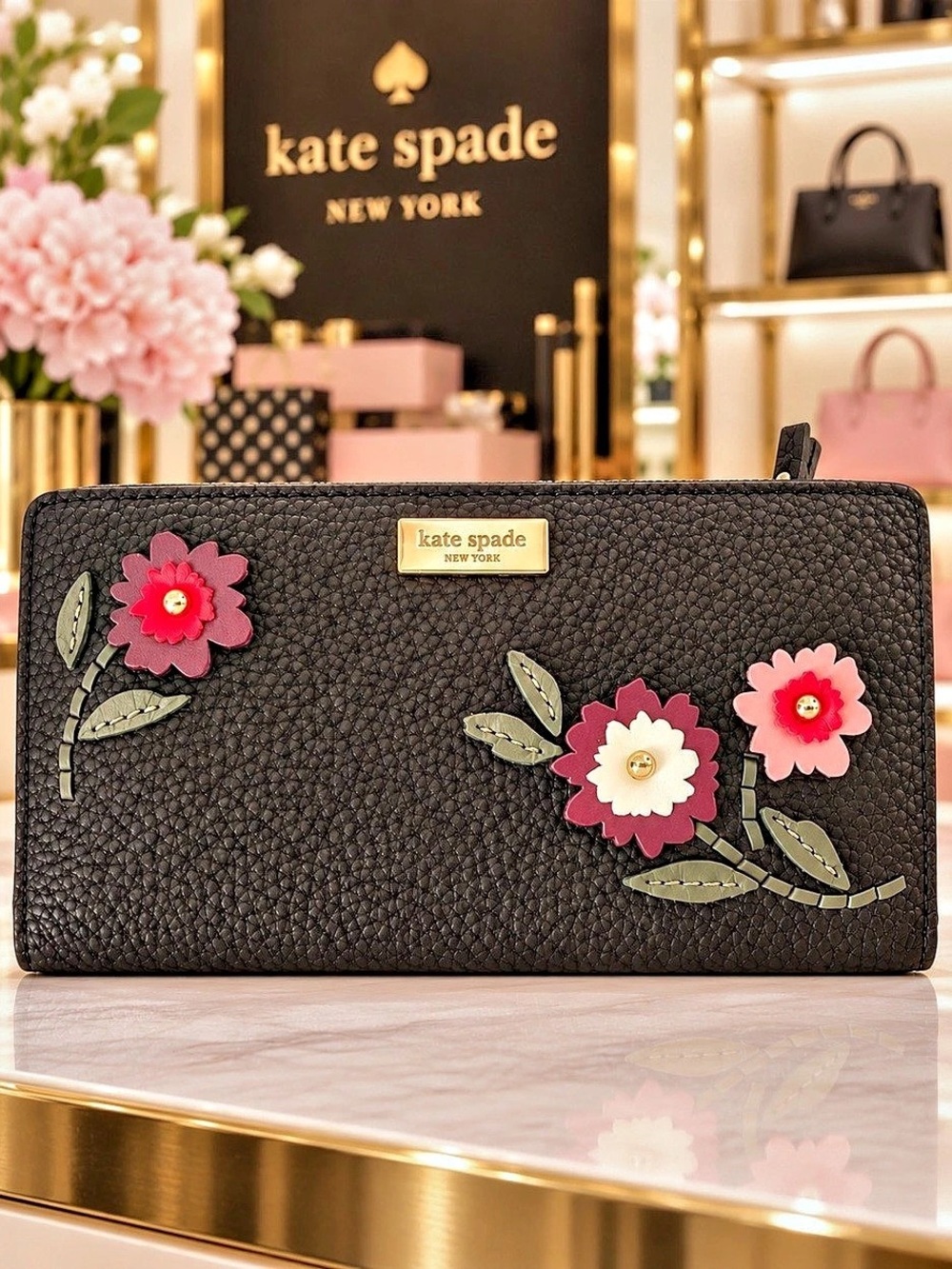 Kate Spade Laurel Way Stacey Floral Appliqué Leather Medium Wallet Black NWOT